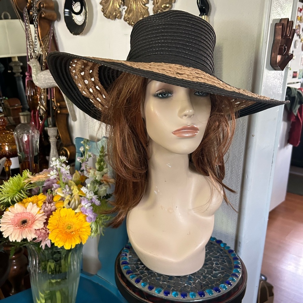 Panama Jack Wide Brim Floppy Summer Black Straw Sun Hat BoHo Beach Pool CHIC